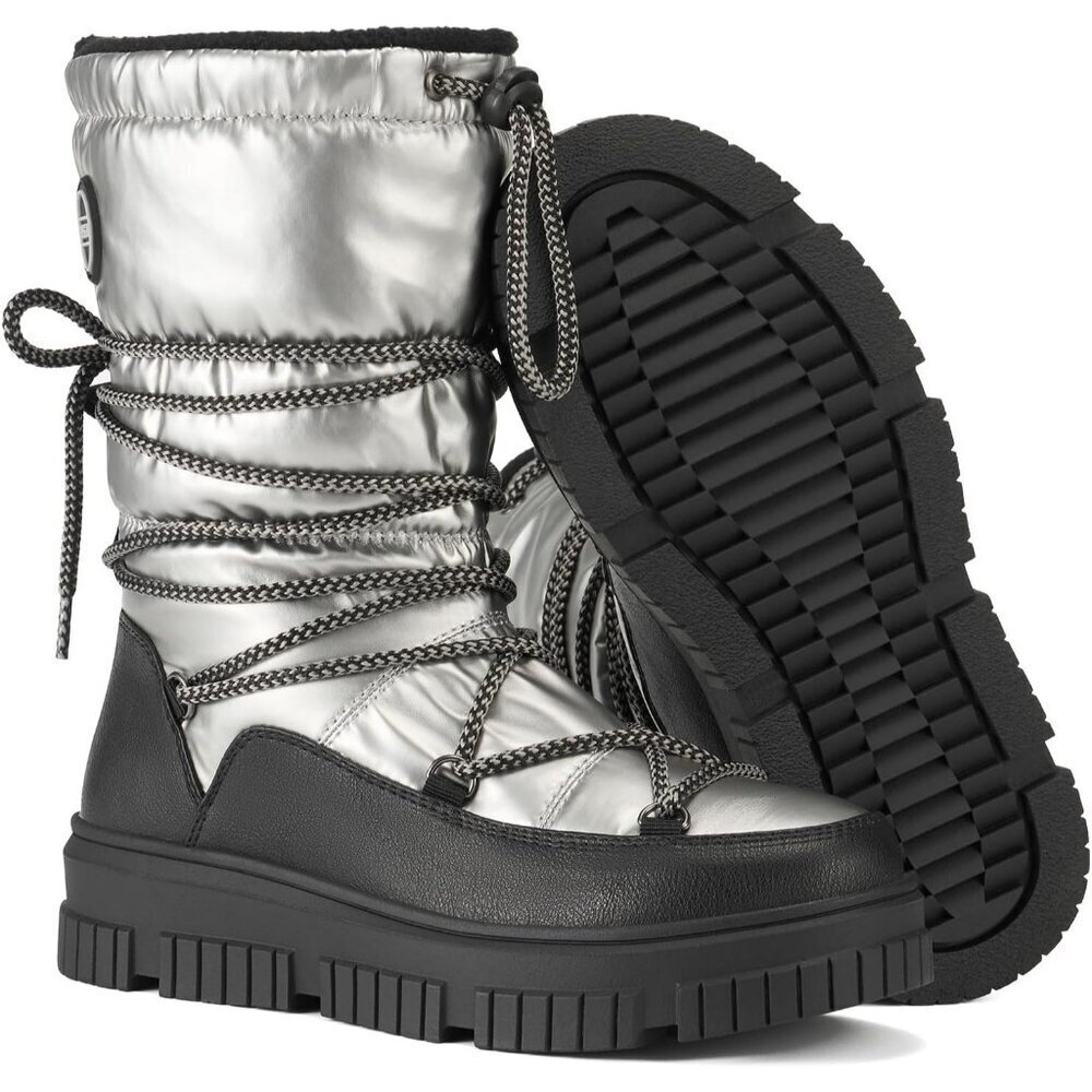 Women Grey Waterproof Fleece Lined Rain Boots for Winter Cold Weather